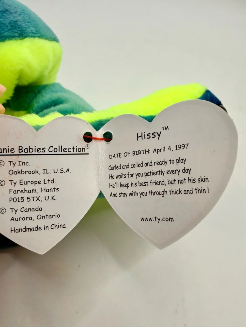 Vintage Ty Beanie Babies “Hissy” Snake Plush – 1997 Original